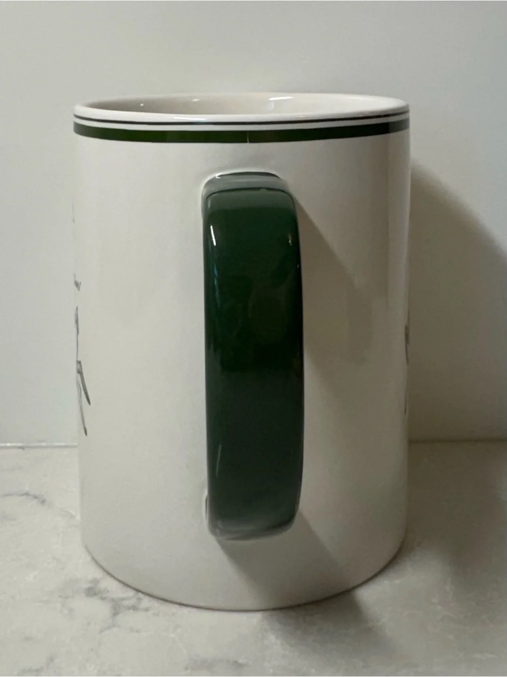 Sur La Table White Ceramic Mug with Dark Green Handle and Trim Christmas